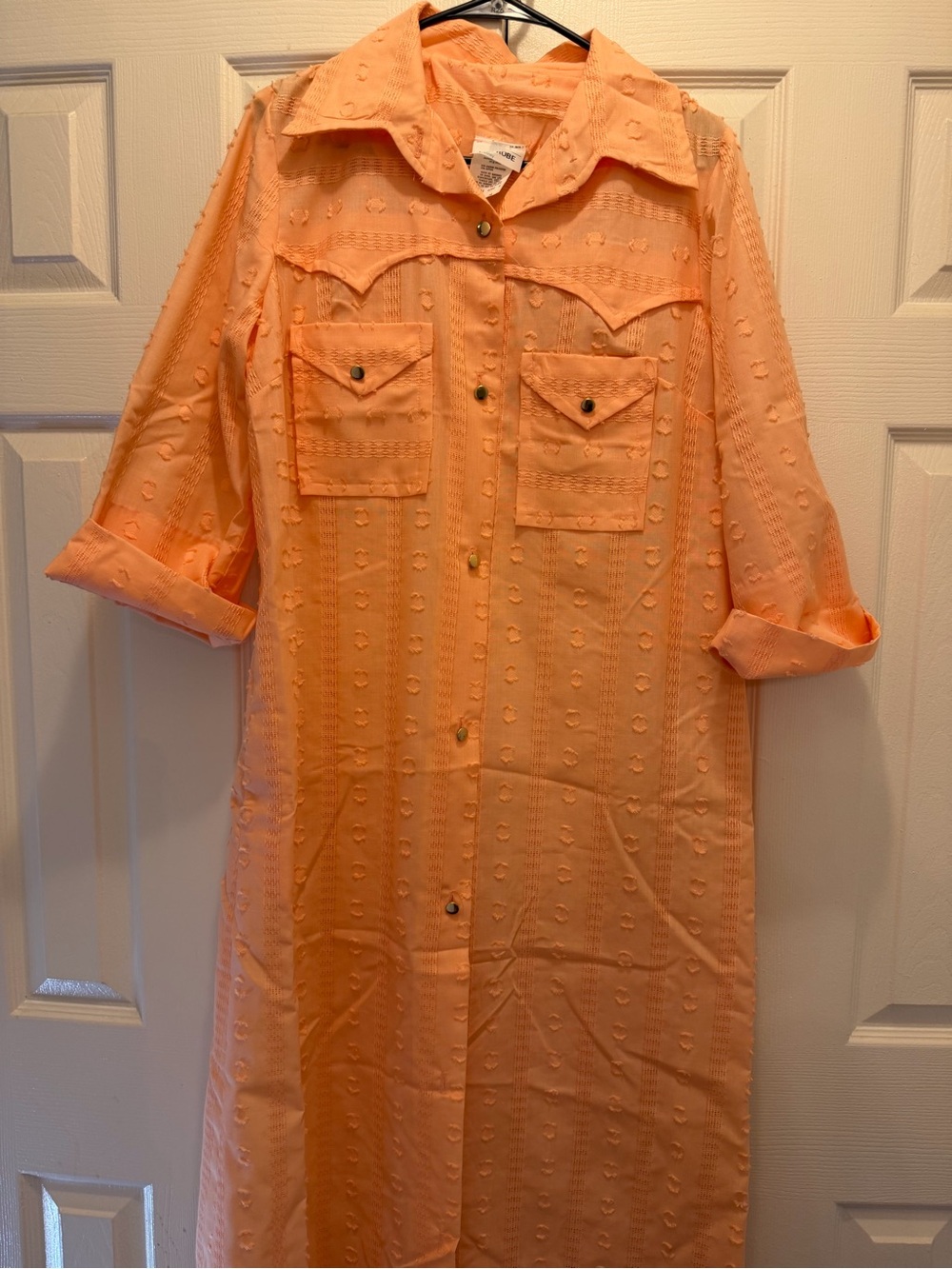 NWT Vintage 1970’s ILGWU Peach Eyelet Western Boho Button Up Maxi Shirt Dress 14 - Picture 7 of 10